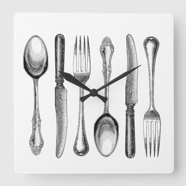 modern vintage silverware square wall clock (Front)
