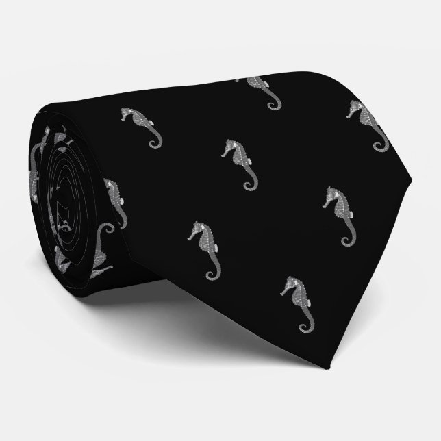 Modern Vintage Small Seahorse on Black Tie (Rolled)
