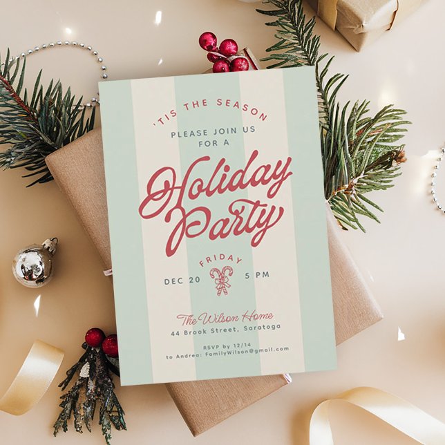 Modern Vintage Stripes Cute Retro Holiday Party Invitation (Creator Uploaded)