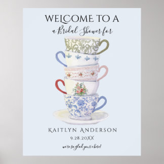 Modern Vintage Tea Cups Watercolor Bridal Shower Poster