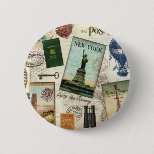 modern vintage travel collage 6 cm round badge