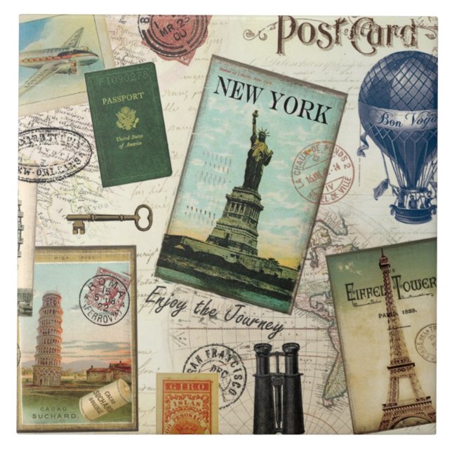 modern vintage travel collage ceramic tile (Front)