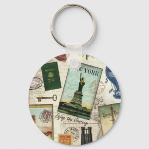 modern vintage travel collage key ring