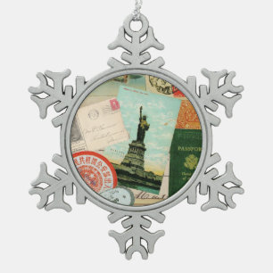 modern vintage travel collage snowflake pewter christmas ornament