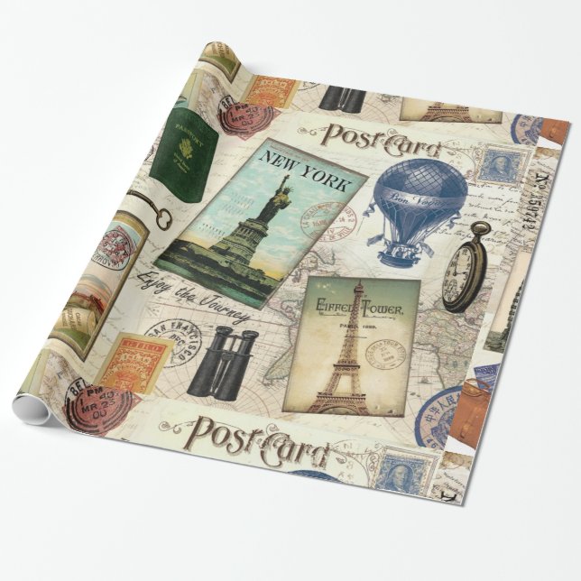 modern vintage travel collage wrapping paper (Unrolled)