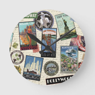 modern vintage travel USA Round Clock