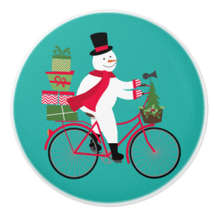 modern vintage whimsical snowman on bike ceramic knob