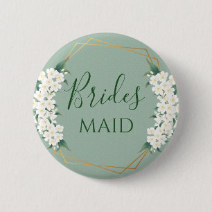 Modern Vintage White Flower on Green Bridesmaid 6 Cm Round Badge
