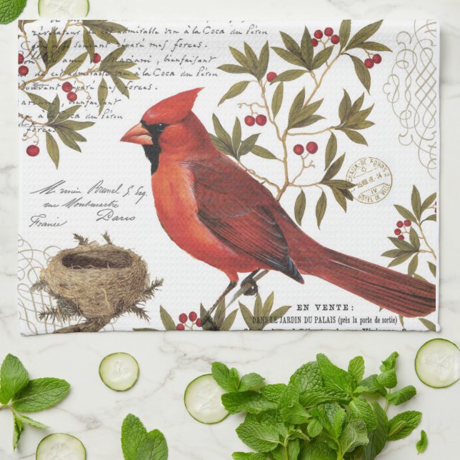 modern vintage winter cardinal tea towel (Folded)