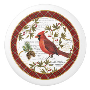 modern vintage winter woodland cardinal ceramic knob