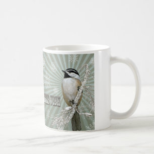 modern vintage winter woodland chickadee coffee mug