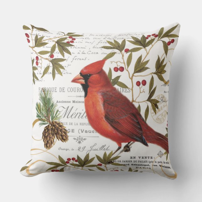 Modern vintage woodland cardinal cushion (Front)
