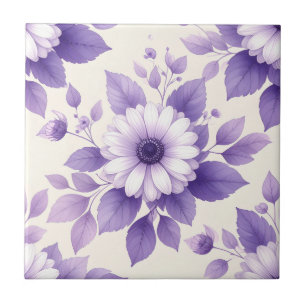 Modern Violet Daisies and Plum Botanical Ceramic Tile