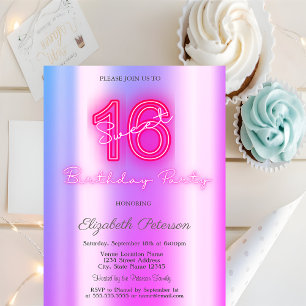 Modern Violet Neon Sweet 16 Invitation
