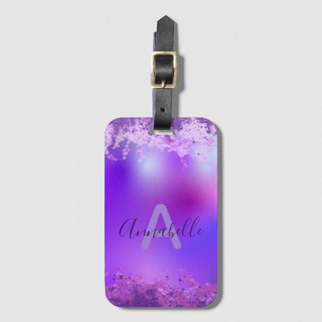 Modern Violet Purple Holographic Glitter Custom Luggage Tag (Front Vertical)