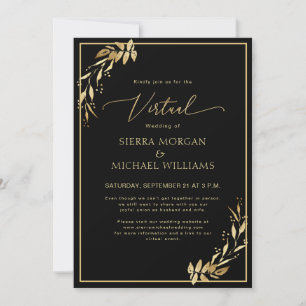 Modern Virtual Wedding Chic Golden Foliage Black Invitation