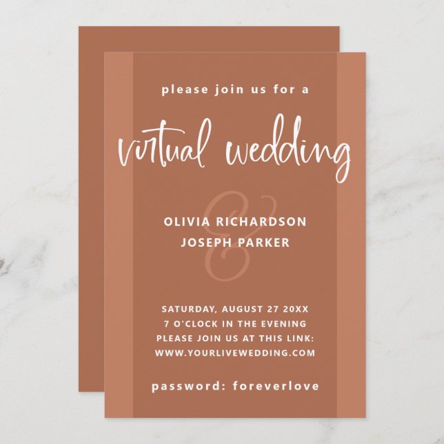 Modern Virtual Wedding | Copper Coloured and White Invitation (Front/Back)