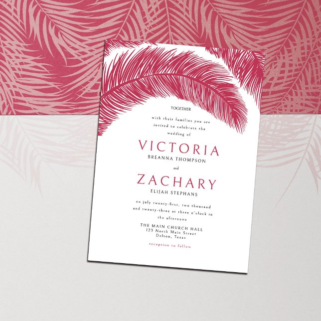 Modern Viva Magenta Summer Palm Leaves Wedding Invitation (Creator Uploaded)