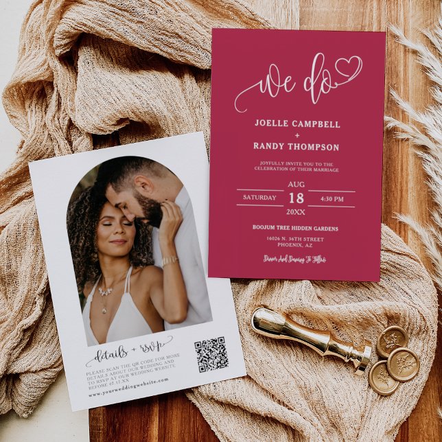 Modern Viva Magenta We Do Boho QR Code Arch Photo Invitation (Creator Uploaded)