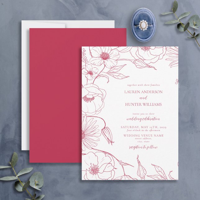 Modern Vivid Magenta Line Art Floral Wedding Invit Invitation (Creator Uploaded)