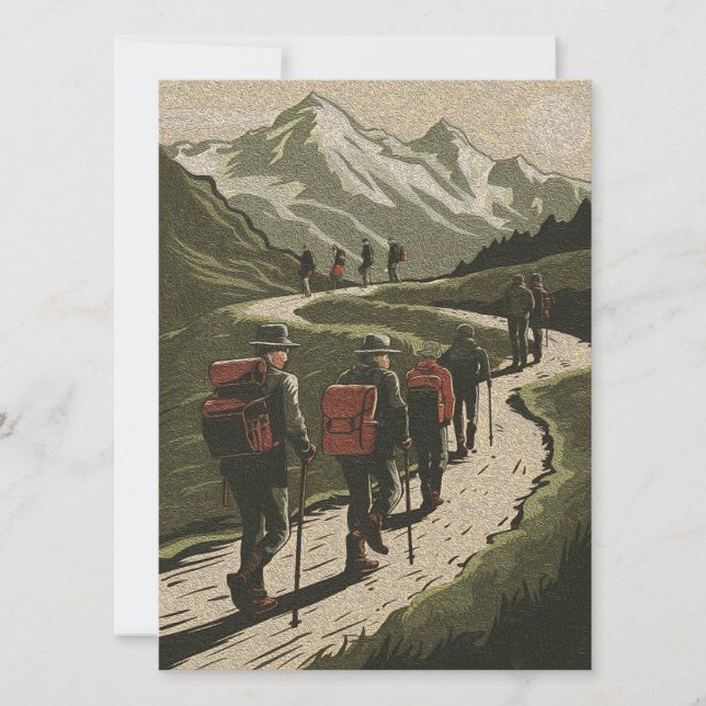 Modern Walking Hiking Mountain Vintage             Holiday Card (Front)