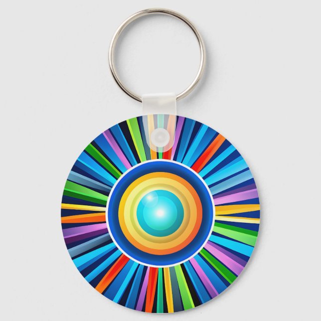 Modern wall clock with vibrant radial rainbow sunb key ring (Front)