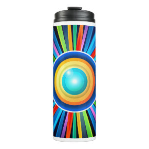 Modern wall clock with vibrant radial rainbow sunb thermal tumbler