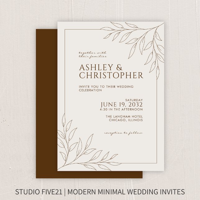 Modern Walnut Brown Foliage Outline Wedding Invitation (Creator Uploaded)