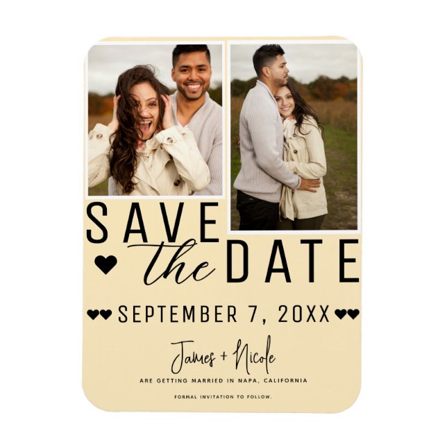Modern Warm Custard Save the Date 2 Photo Wedding  Magnet (Vertical)