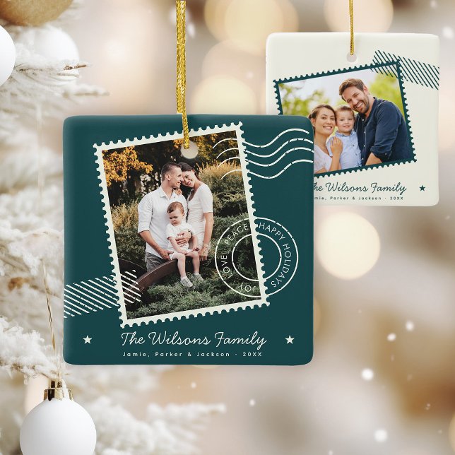 Modern Warm Family Photo Cute Stamp Holiday Ceramic Ornament (Creator Uploaded)