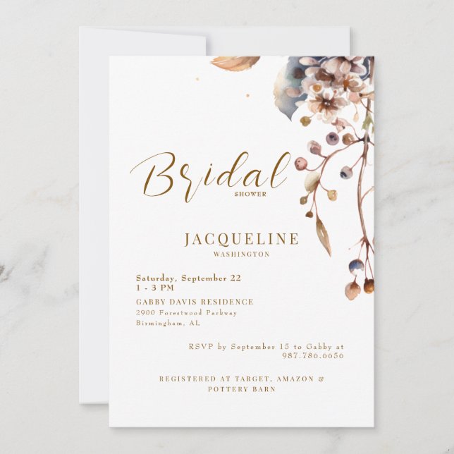 Modern Warm Foliage White Bridal Shower Invitation (Front)