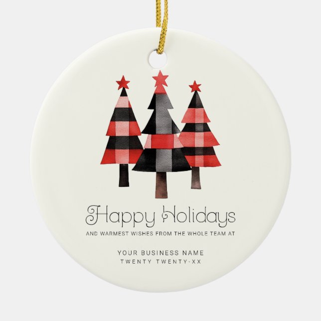 Modern Warm Plaid Christmas Trees Simple Business Ceramic Ornament (Front)