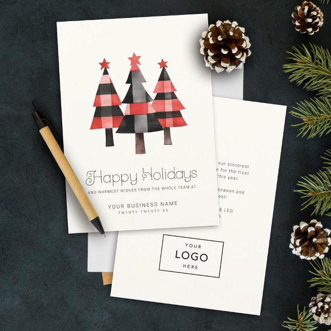 Modern Warm Plaid Christmas Trees Simple Business Holiday Card (Creator Uploaded)