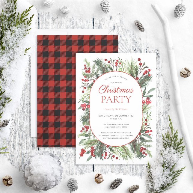 Modern Warm Red Winter Plaid Christmas Party Invitation (Creator Uploaded)