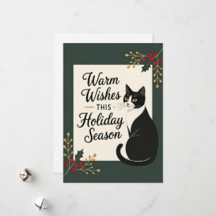 Modern Warm Wishes Cat Christmas Holiday Flat Card