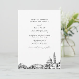 Modern Washington DC Skyline Black & White Wedding Invitation