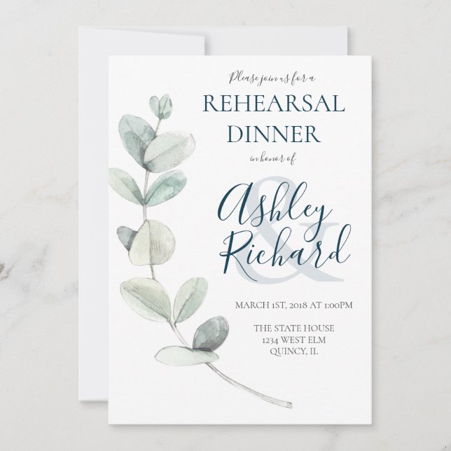 Modern Water Eucalyptus Rehearsal Dinner Invitation (Front)