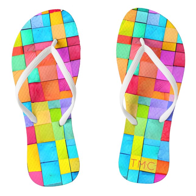 Modern Watercolor Abstract Art INITIALS Bright Fun Thongs (Footbed)