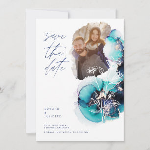 Modern Watercolor Agate Aqua Ink & Florals Photo Save The Date