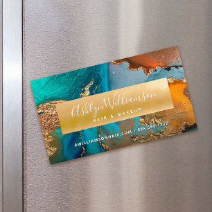 Modern watercolor agate gold turquoise hair salon 	Magnetic business card