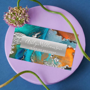 Modern watercolor agate silver turquoise script business card