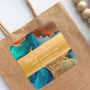 Modern watercolor agate turquoise gold orange square sticker