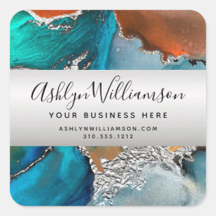 Modern watercolor agate turquoise silver orange square sticker