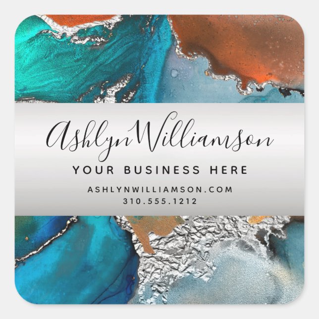 Modern watercolor agate turquoise silver orange  square sticker (Front)