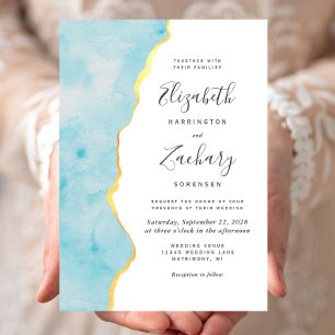 Modern Watercolor Aqua Blue Agate Wedding Invitation