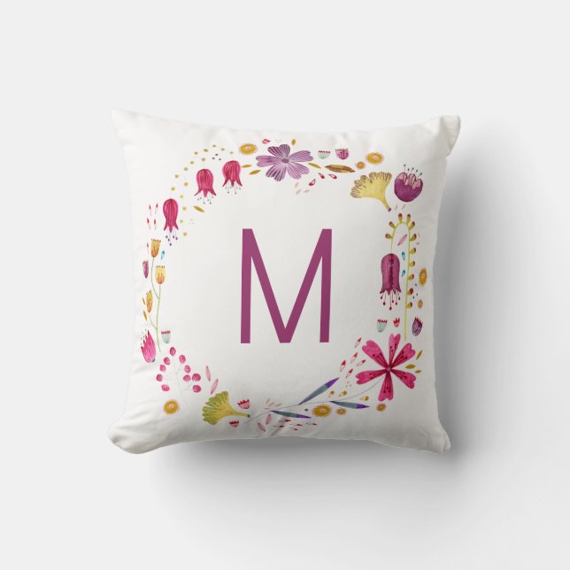 Modern Watercolor Autumn Flower Monogram Cushion (Front)