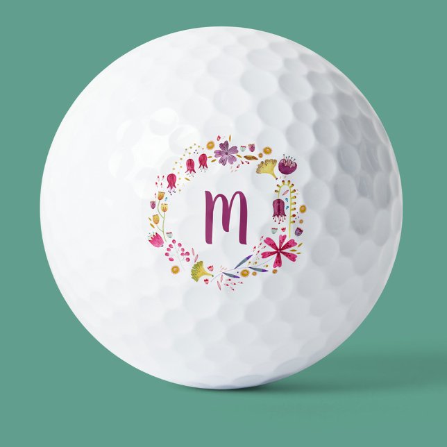 Modern Watercolor Autumn Flower Monogram Golf Balls (Creator Uploaded)