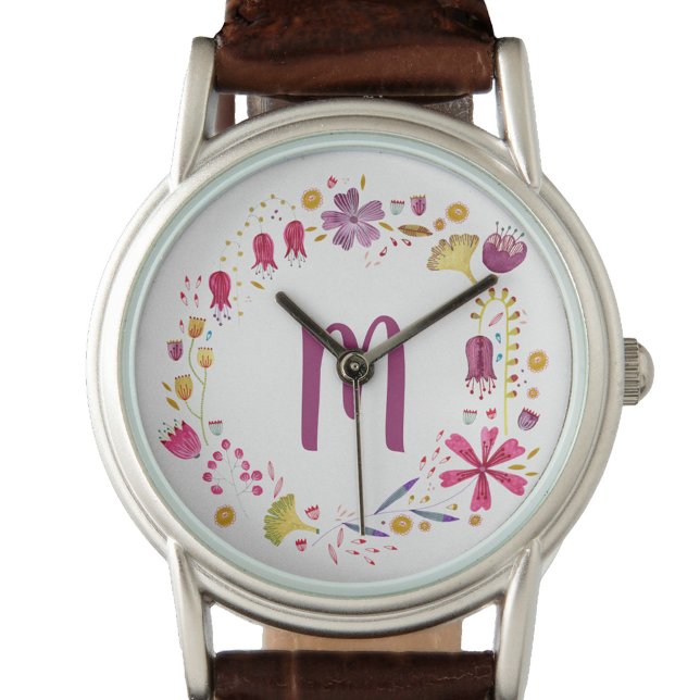 Modern Watercolor Autumn Flower Monogram Watch (Monogram floral wreath personalized initial watch)