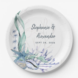 Modern Watercolor Beach Seashells Wedding Paper Plate