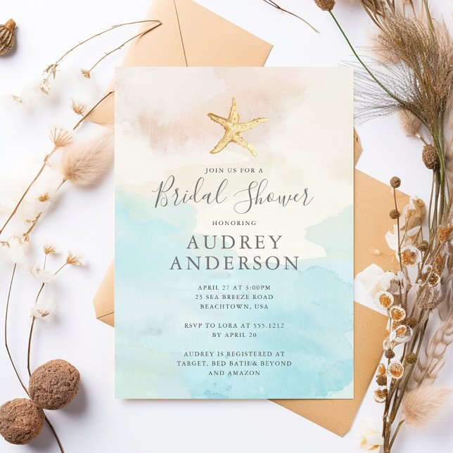 Modern Watercolor Beach Themed Bridal Shower Invitation (Creator Uploaded)